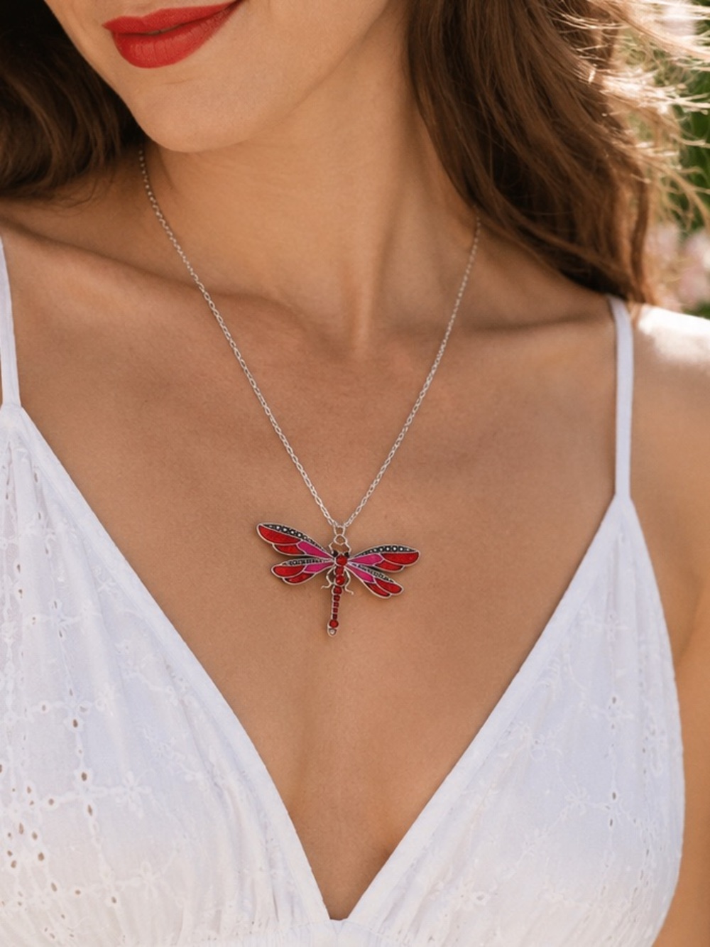 🌸 Red Dragonfly Pendant NWOT  Necklace - with Adjustable Chain